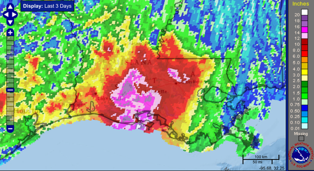 Rainfall totals over Louisiana for the past three days. Image: NWS/NOAA